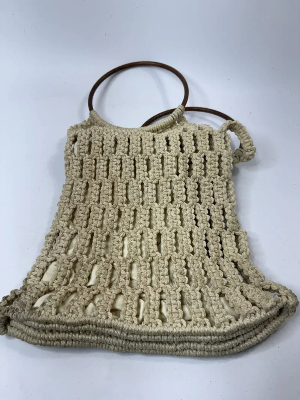 Handmade Macrame Crochet Bag With Wooden Handles Cream Open Weave Design Lined I